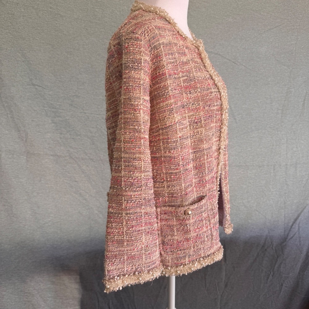 Alfred Dunner Magnolia Springs Tweed Cardigan Jacket Pink Multi Pearl Trim PS - Picture 4 of 10